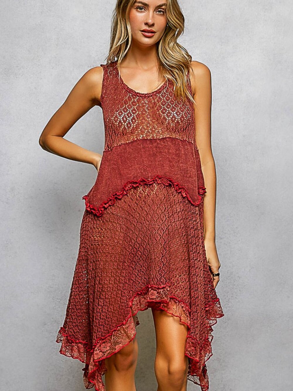 288 | Sleeveless Crochet Handkercheif Powder Brick Dress Top POL